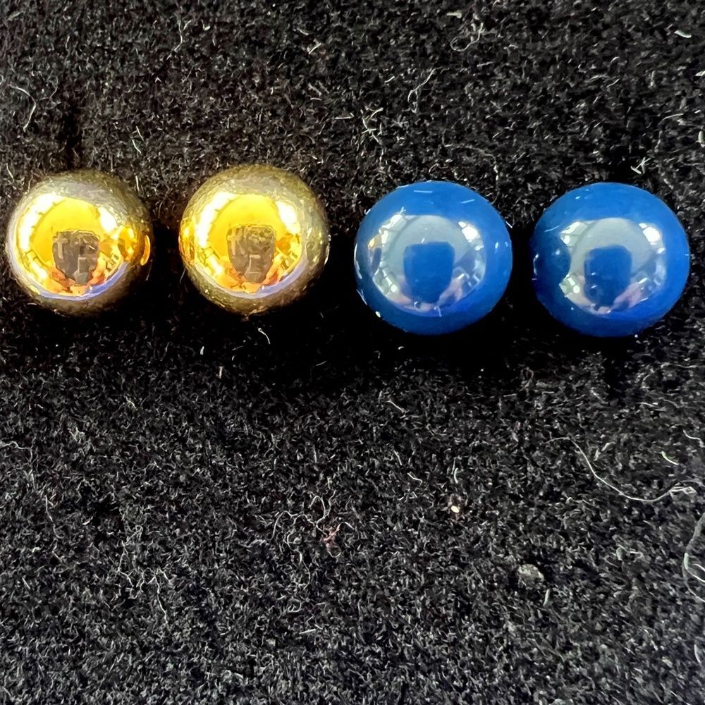 2 Pair of Ball & Post Earrings, Yellow Gold tone and Navy Blue